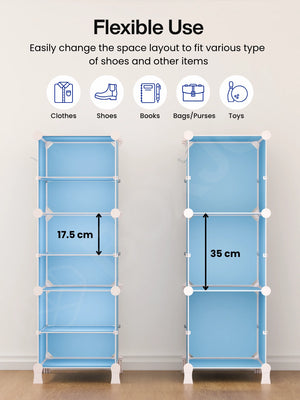 Flexible layout of the BOXJOY Plastic 6 Shelf Blue Kids Wardrobe showing space for clothes and books.
