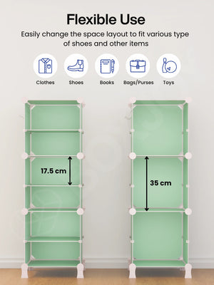 Flexible layout of the BOXJOY Plastic 6 Shelf Green Kids Wardrobe showing space for clothes and books.