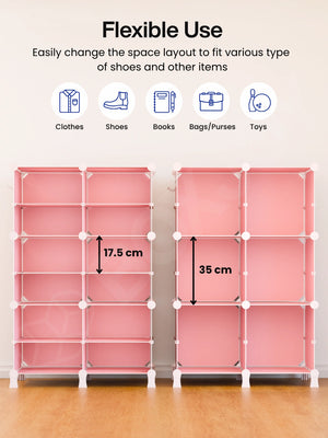 Flexible layout of the BOXJOY Plastic 12 Shelf Pink Kids Wardrobe showing space for clothes and toys.