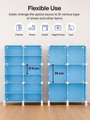 Durable material of the blue wardrobe with 12 shelfs showing a sturdy metal frame and plastic doors.