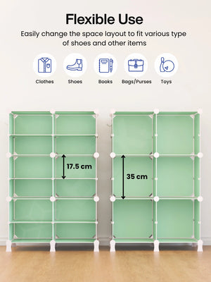 Flexible layout of the BOXJOY Plastic 12 Shelf Green Kids Wardrobe showing space for clothes and toys.