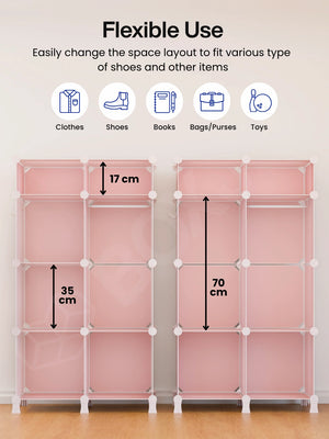 Flexible layout of the 7 modular shelfs with inner dimensions, showing space for clothes, shoes, and toys.