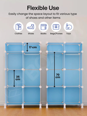 Flexible layout of the 7 modular shelfs with inner dimensions, showing space for clothes, shoes, and toys.