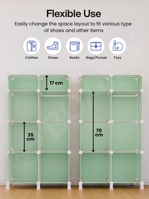 Flexible layout of the 7 modular shelfs with inner dimensions, showing space for clothes, shoes, and toys.