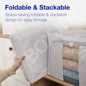 BOXJOY Pack of 2 66L Polyester Cotton Foldable with Front & Side Transparent window Light Grey Clothes Box
