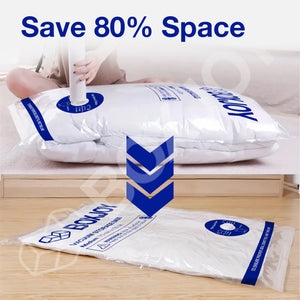 Save 80 percent space graphic showing a BOXJOY vacuum bag compressing clothes with a hand pump.