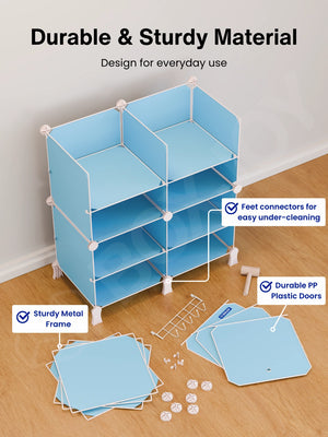 User-friendly design of the blue kids wardrobe with 12 shelfs showing metal hooks and connectors.