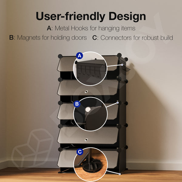 BOXJOY Plastic 5 Shelf Black Translucent Shoe Rack