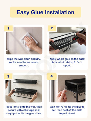 Six-step glue usage guide demonstrating how to open and apply the adhesive tube for mounting the bathroom shelfs.