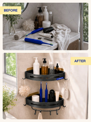 Before and after comparison of a cluttered bathroom counter organized using the grey corner shelfs.