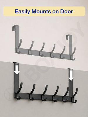 Graphic with downward arrows demonstrating how the metal hook hanger easily mounts over the top of a door.