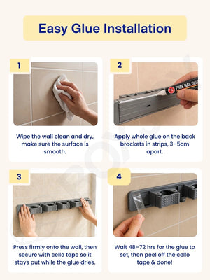 Four-step easy glue installation guide showing how to securely mount the organizer without drilling.