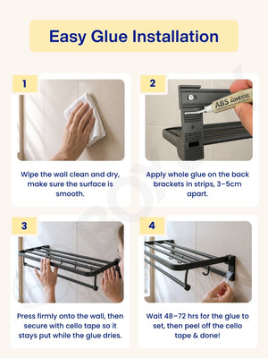 Four-step easy glue installation guide for securely mounting the bathroom shelfs without drilling.
