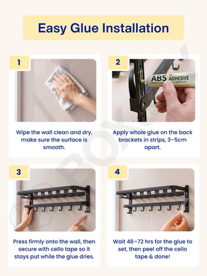 Four-step easy glue installation guide for securely mounting the bathroom shelfs without drilling.