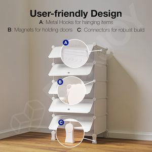 BOXJOY Plastic 5 Shelf White Shoe Rack with White Doors