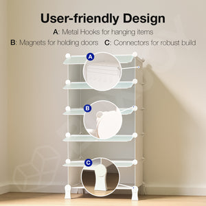 BOXJOY Plastic 5 Shelf White Clothes Rack and Translucent Doors
