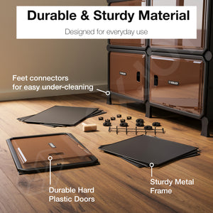 BOXJOY Hard Plastic 8 Shelf Black Shoe Rack with Brown Door