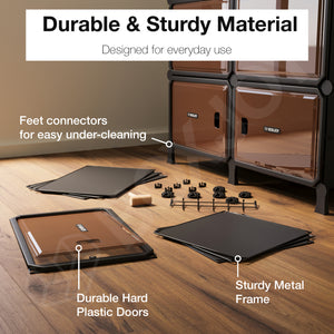 BOXJOY Hard Plastic 12 Shelf Black Shoe Rack with Brown Door