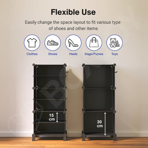 BOXJOY Plastic 6 Shelf Black Shoe Rack with Translucent Doors