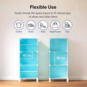 Flexible layout of the light blue modular shoe wardrobe with 6 shelfs, illustrating customizable 15 cm and 30 cm inner spacing options.