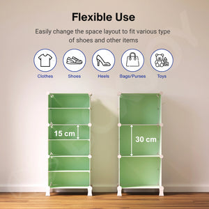 Flexible layout of the green modular shoe wardrobe with 6 shelfs, illustrating customizable 15 cm and 30 cm inner spacing options.