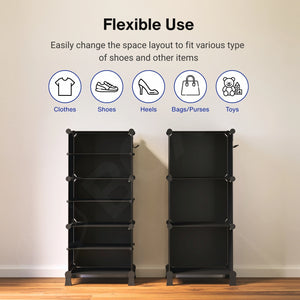 Flexible layout of the black modular wardrobe with 6 shelfs, illustrating customizable 15 cm and 30 cm inner spacing options.