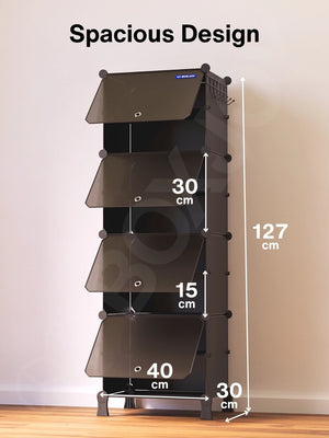 Spacious dimensions of the 8 black modular shelfs with smoky transparent doors, showing a 127 cm height, 40 cm width, and 30 cm depth.