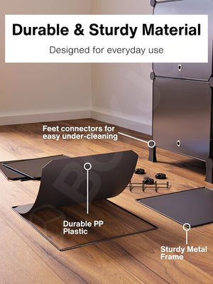 Durable material of the black shoe wardrobe showing a metal frame and plastic components.