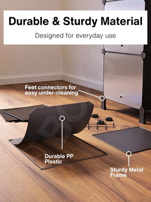 Durable material of the black shoe wardrobe with 8 shelfs showing a metal frame and plastic.