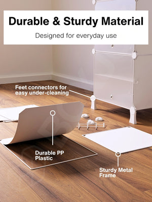 Durable material of the white shoe wardrobe with 8 shelfs showing a metal frame and plastic doors.