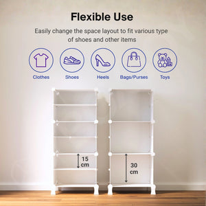 Flexible layout of the 6 white modular shelfs with inner dimensions for shoes, boots, and bags.