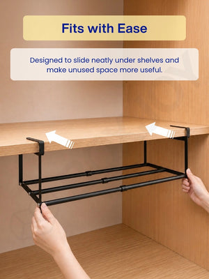 Graphic showing how the black metal shelfs fit with ease by sliding neatly under existing cabinetry.