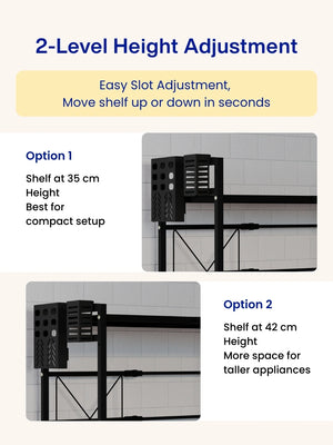 2-level height adjustment options showing the microwave shelfs set at either 35 cm or 42 cm.