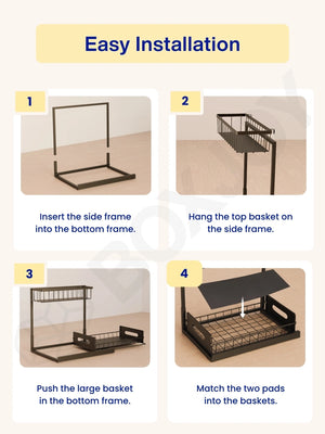 Four-step easy installation guide showing the tool-free assembly of the metal under-sink shelfs.