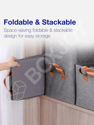 Foldable and stackable design of the grey BOXJOY storage box showing easy sliding storage for shelfs.