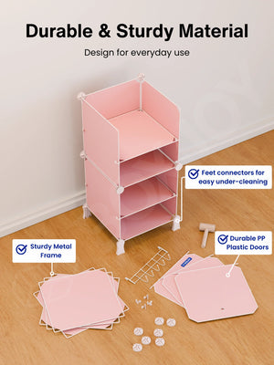 Durable material of the pink wardrobe with 6 shelfs showing a sturdy metal frame and plastic doors.