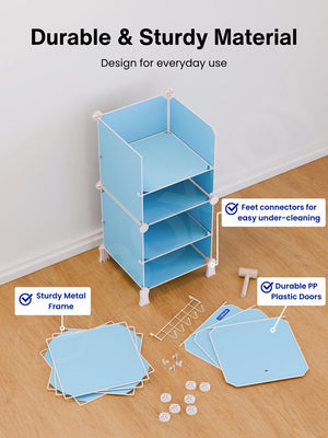 Durable material of the blue wardrobe with 6 shelfs showing a sturdy metal frame and plastic doors.