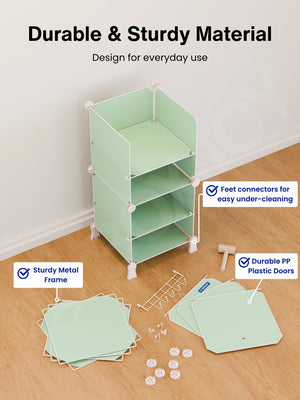 Durable material of the green wardrobe with 6 shelfs showing a sturdy metal frame and plastic doors.