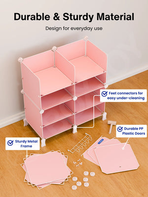 Durable material of the pink wardrobe with 12 shelfs showing a sturdy metal frame and plastic doors.