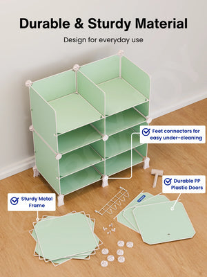 Durable material of the green wardrobe with 12 shelfs showing a sturdy metal frame and plastic doors.