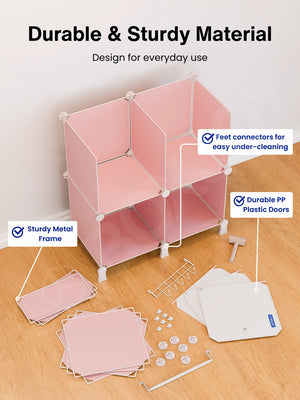 Durable material features of the 7 shelfs showing a sturdy metal frame, PP plastic doors, and feet connectors.