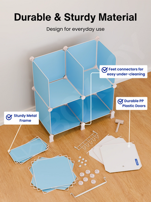 Durable material features of the 7 shelfs showing a sturdy metal frame, PP plastic doors, and feet connectors.