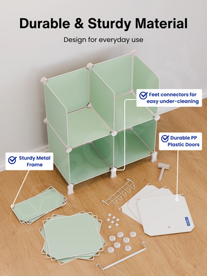 Durable material features of the 7 shelfs showing a sturdy metal frame, PP plastic doors, and feet connectors.