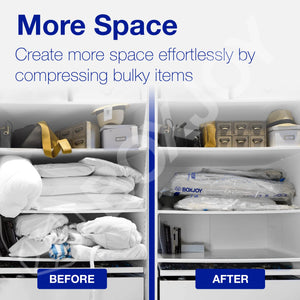 Before and after closet comparison showing BOXJOY vacuum bags creating more space by compressing items.