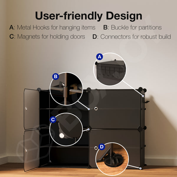 BOXJOY Plastic 8 Shelf Black Translucent Shoe Rack