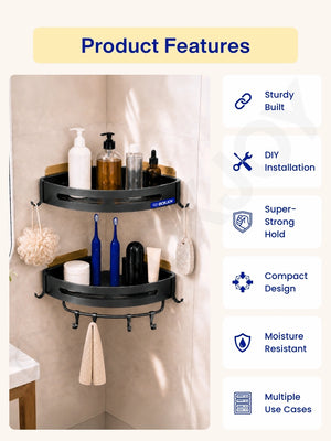 Four-step stick installation manual showing how to mount the corner shelfs using adhesive pads without drilling.