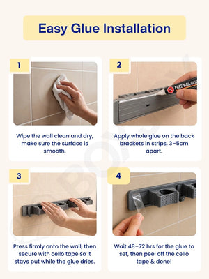 Six-step glue usage guide demonstrating how to correctly open and apply the included adhesive tube.
