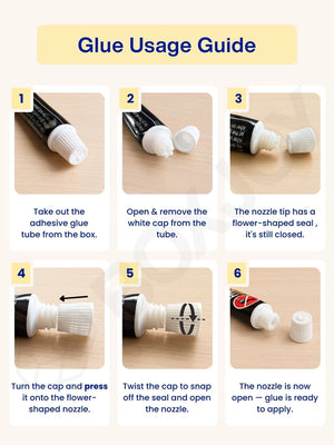 Six-step glue usage guide demonstrating how to correctly open and apply the included adhesive tube.