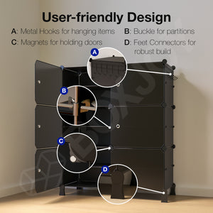 BOXJOY Plastic 12 Shelf Black Cloth Rack with Translucent Doors