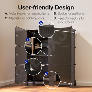 BOXJOY Plastic 12 Shelf Black Shoe Rack with Translucent Doors